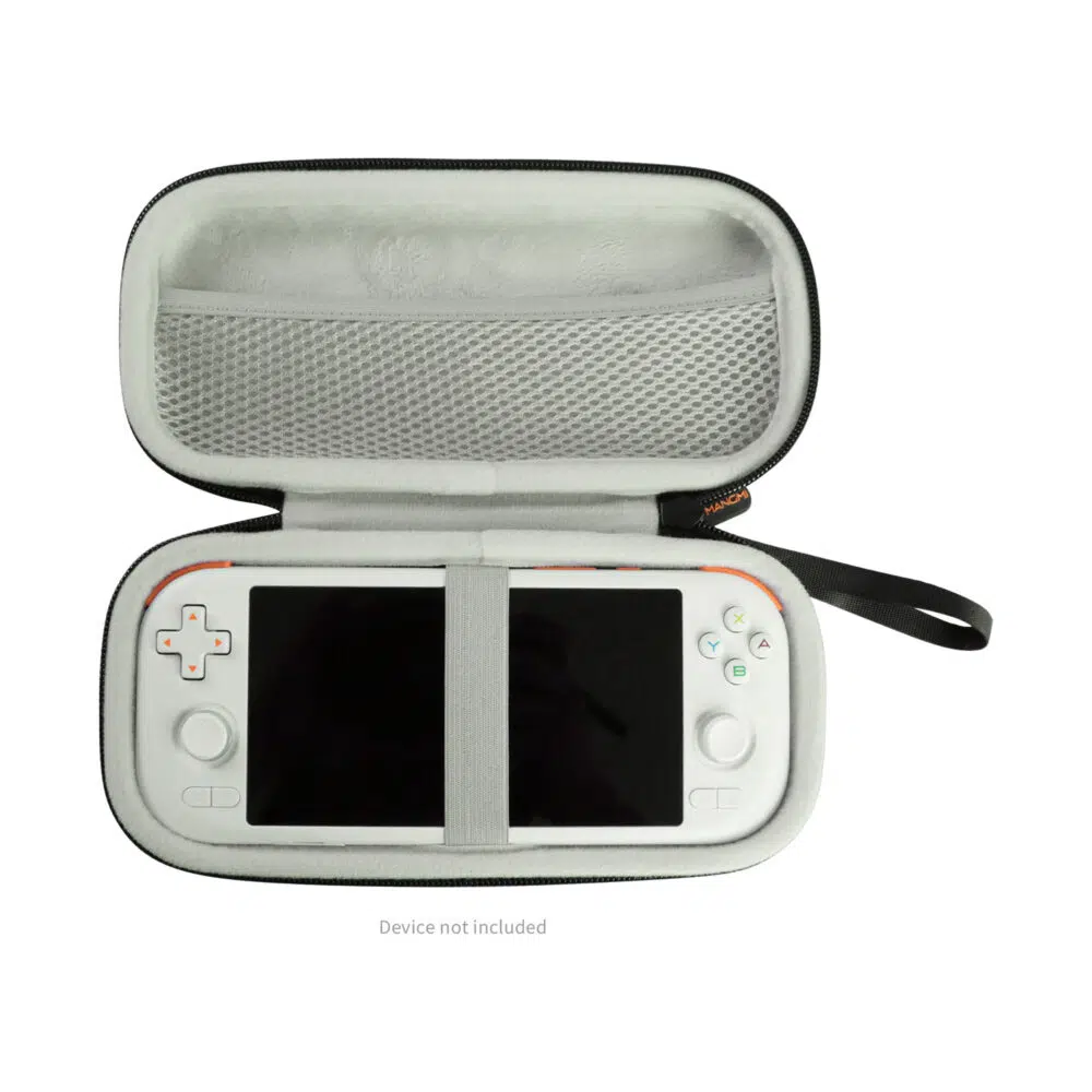 Open view of the MANGMI Air X Carrying Case on a white background, demonstrating a white handheld gaming console safely secured inside the light-gray plush bottom compartment using a central elastic security strap. The upper lid features a zippered mesh accessory pocket, with a "Device not included" disclaimer at the bottom.