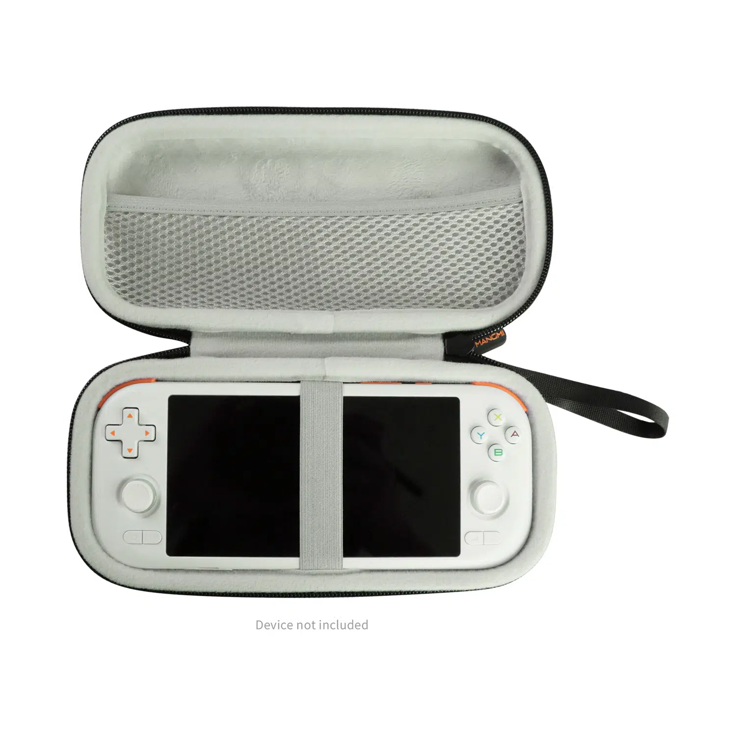 Open view of the MANGMI Air X Carrying Case on a white background, demonstrating a white handheld gaming console safely secured inside the light-gray plush bottom compartment using a central elastic security strap. The upper lid features a zippered mesh accessory pocket, with a "Device not included" disclaimer at the bottom.