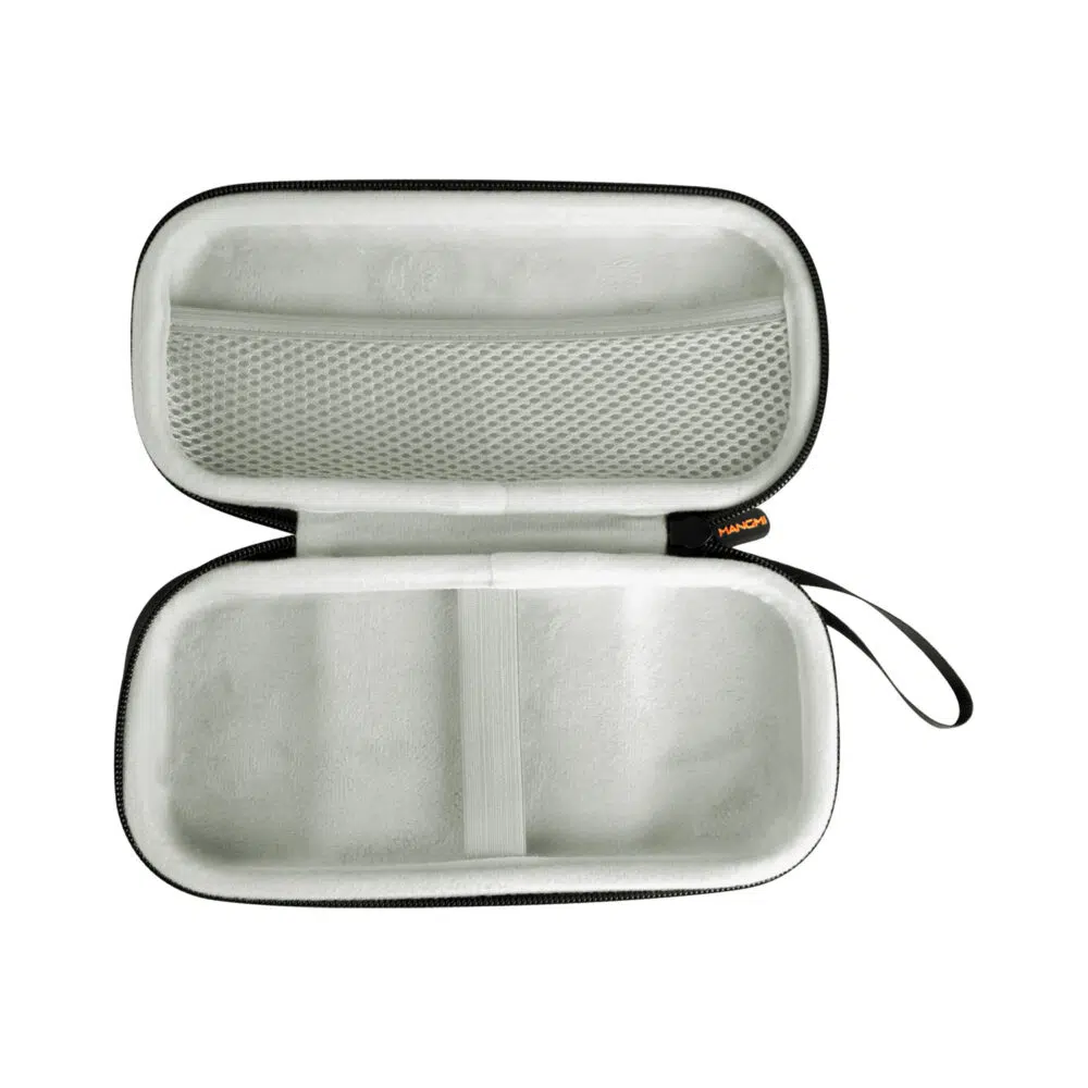 Open, empty interior view of the MANGMI Air X Carrying Case on a white background, showcasing the soft, protective light-gray plush lining, a central elastic retention strap, a large zippered mesh storage pocket for cables, and the attached side wrist loop.