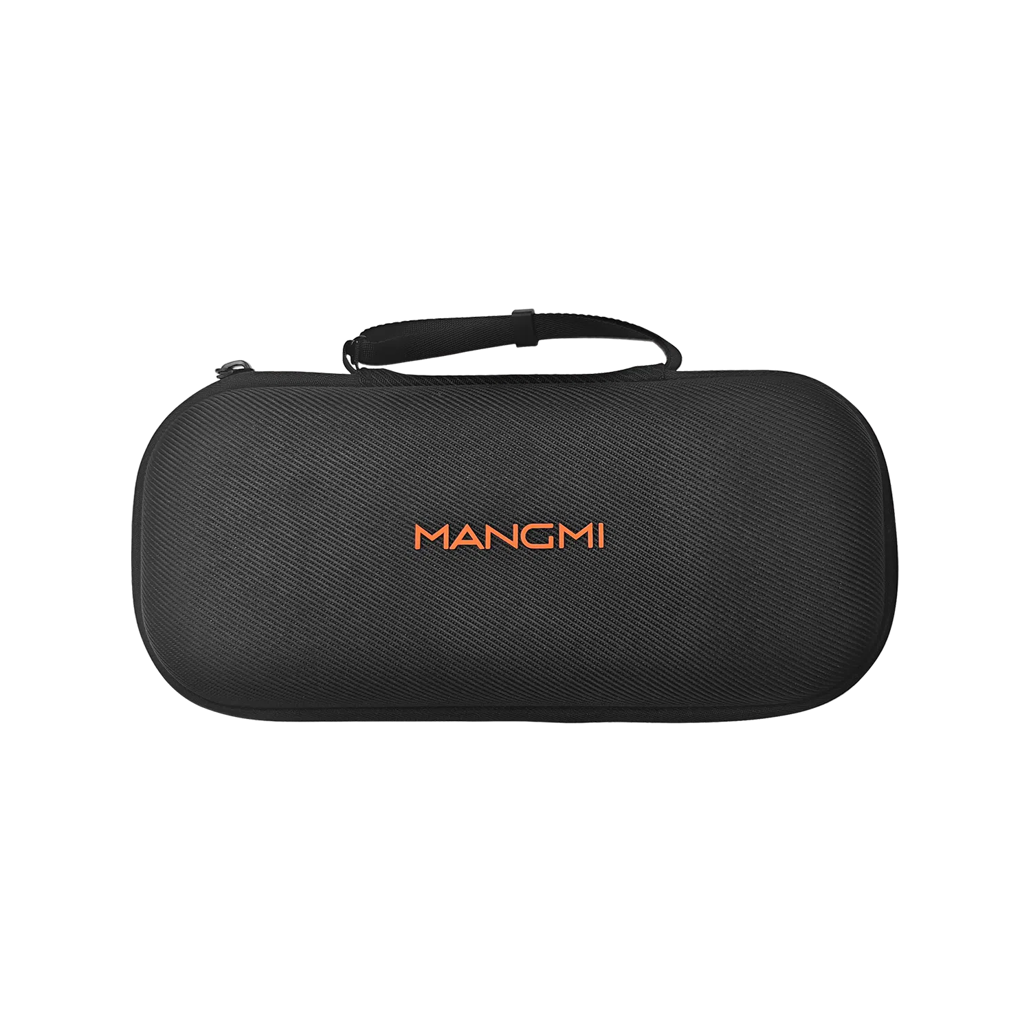 Closed exterior view of the MANGMI Pocket Max Carrying Case on a black background, showcasing its hard-shell design, black carbon-fiber textured surface, top carrying strap, and the "MANGMI" logo printed in vibrant orange across the center.