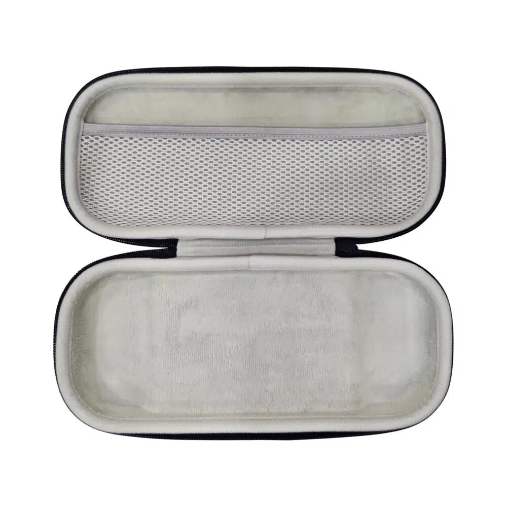 Open interior view of the empty MANGMI Pocket Max Carrying Case on a white background, highlighting the soft, protective light-gray plush lining, a molded bottom compartment, and a large zippered mesh storage pocket on the upper lid for accessories.