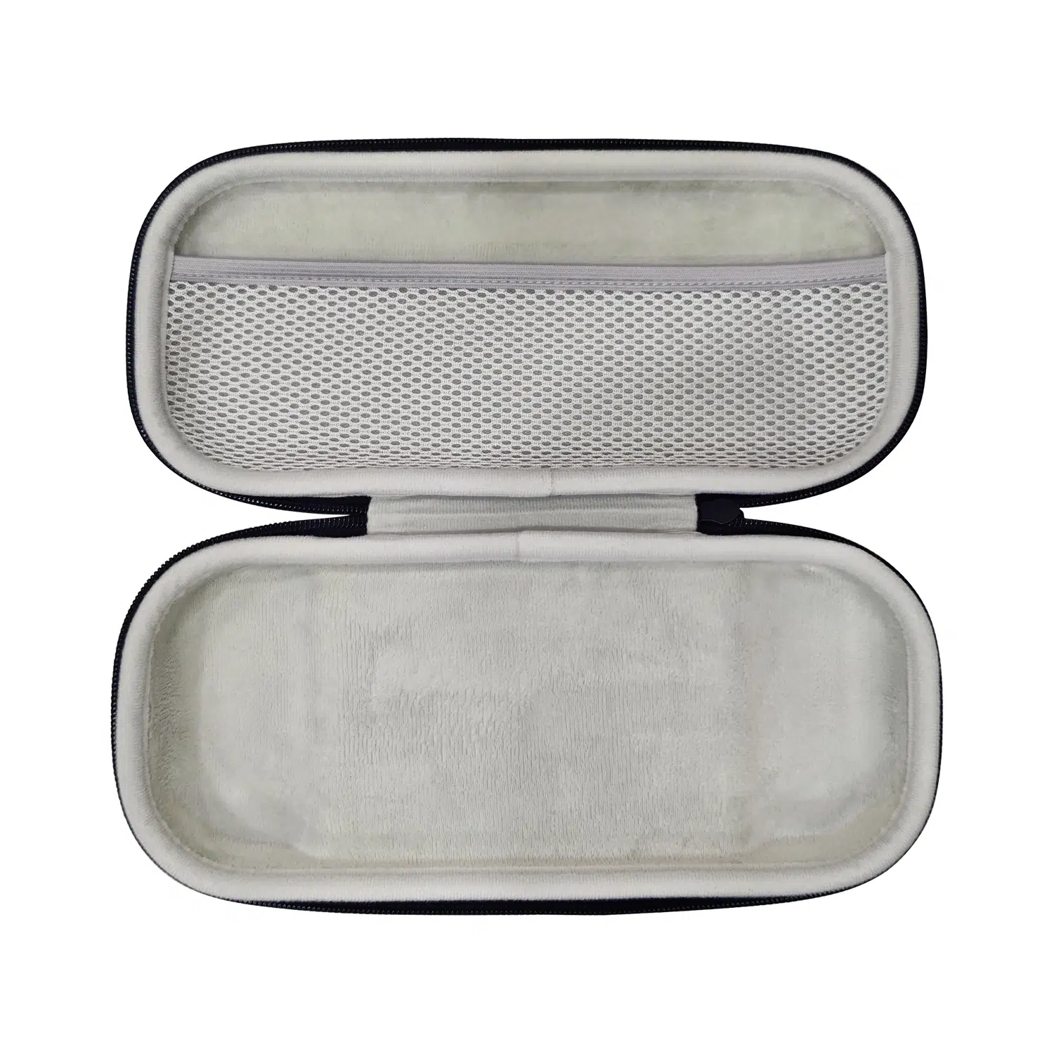 Open interior view of the empty MANGMI Pocket Max Carrying Case on a white background, highlighting the soft, protective light-gray plush lining, a molded bottom compartment, and a large zippered mesh storage pocket on the upper lid for accessories.