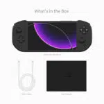 Banner promoțional pentru consola portabilă de jocuri Mangmi Pocket Max, care prezintă partea din față și din spate a modelului negru. Textul mare spune "Puternica consolă de gaming de 7'' 144Hz OLED". Sub consolă, o grilă de nouă insigne albe evidențiază caracteristicile principale ale sistemului, inclusiv procesorul Qualcomm SD865, ecranul OLED de 144Hz, modulele magnetice, joystick-urile TMR și bateria de 8000mAh.
