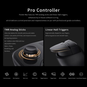 Product package contents layout titled "What's in the Box" for the Mangmi Pocket Max console bundle. The top shows the matte black handheld unit with an illuminated screen, while the bottom clean space displays a coiled white USB Type-C charging cable on the left and a minimalist black user manual booklet on the right.