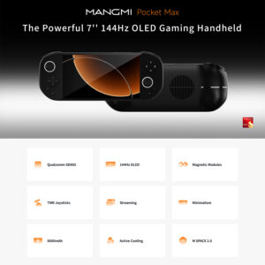 Technical specification infographic for the Mangmi Pocket Max detailing its display and processing power. Graphic features a large orange "144Hz" emblem under the console, with display metrics showing a 7-inch 1080p 16:9 screen with 800 nits brightness and 150% sRGB color gamut. The bottom section lists hardware details for the octa-core Snapdragon 865 CPU, Adreno 650 GPU, 8GB RAM, and 128GB storage.