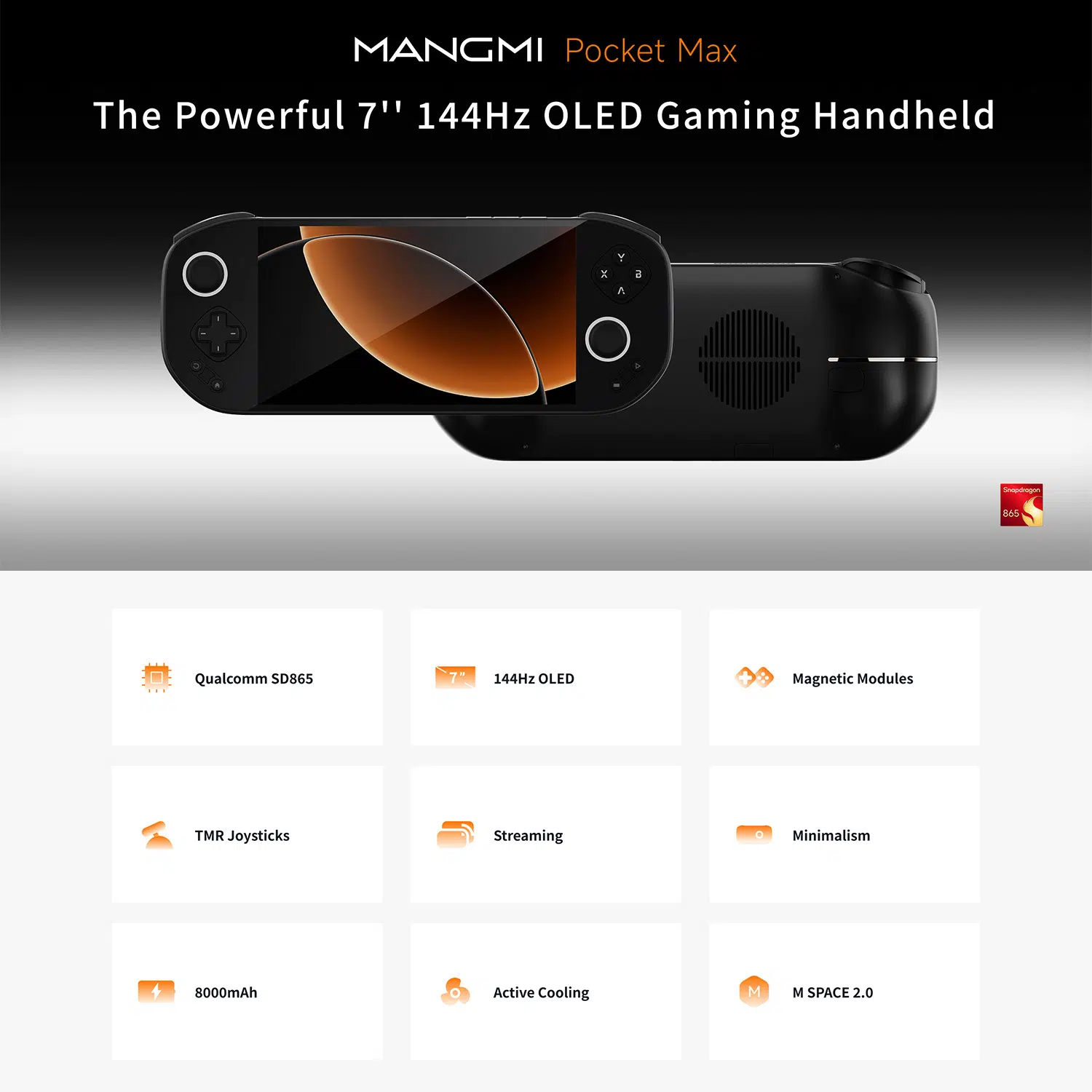 Technical specification infographic for the Mangmi Pocket Max detailing its display and processing power. Graphic features a large orange "144Hz" emblem under the console, with display metrics showing a 7-inch 1080p 16:9 screen with 800 nits brightness and 150% sRGB color gamut. The bottom section lists hardware details for the octa-core Snapdragon 865 CPU, Adreno 650 GPU, 8GB RAM, and 128GB storage.