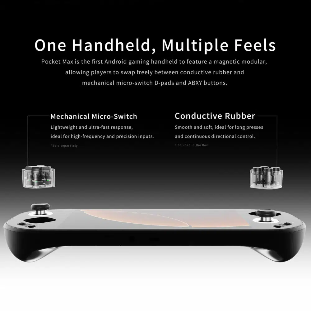 A multi-panel lifestyle graphic showcasing the diverse use cases and structural build of the Mangmi Pocket Max. Separate photos show gamers holding different console colorways to play streamed PC games, retro emulated titles, and native mobile Android games. The lower panels display physical features: a borderless display, a side profile highlighting the curved ergonomic grips, and the silver-trimmed rear intake fan.