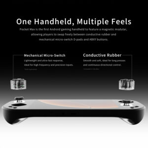 A multi-panel lifestyle graphic showcasing the diverse use cases and structural build of the Mangmi Pocket Max. Separate photos show gamers holding different console colorways to play streamed PC games, retro emulated titles, and native mobile Android games. The lower panels display physical features: a borderless display, a side profile highlighting the curved ergonomic grips, and the silver-trimmed rear intake fan.