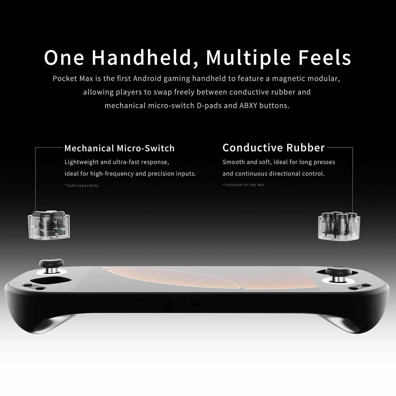 A multi-panel lifestyle graphic showcasing the diverse use cases and structural build of the Mangmi Pocket Max. Separate photos show gamers holding different console colorways to play streamed PC games, retro emulated titles, and native mobile Android games. The lower panels display physical features: a borderless display, a side profile highlighting the curved ergonomic grips, and the silver-trimmed rear intake fan.