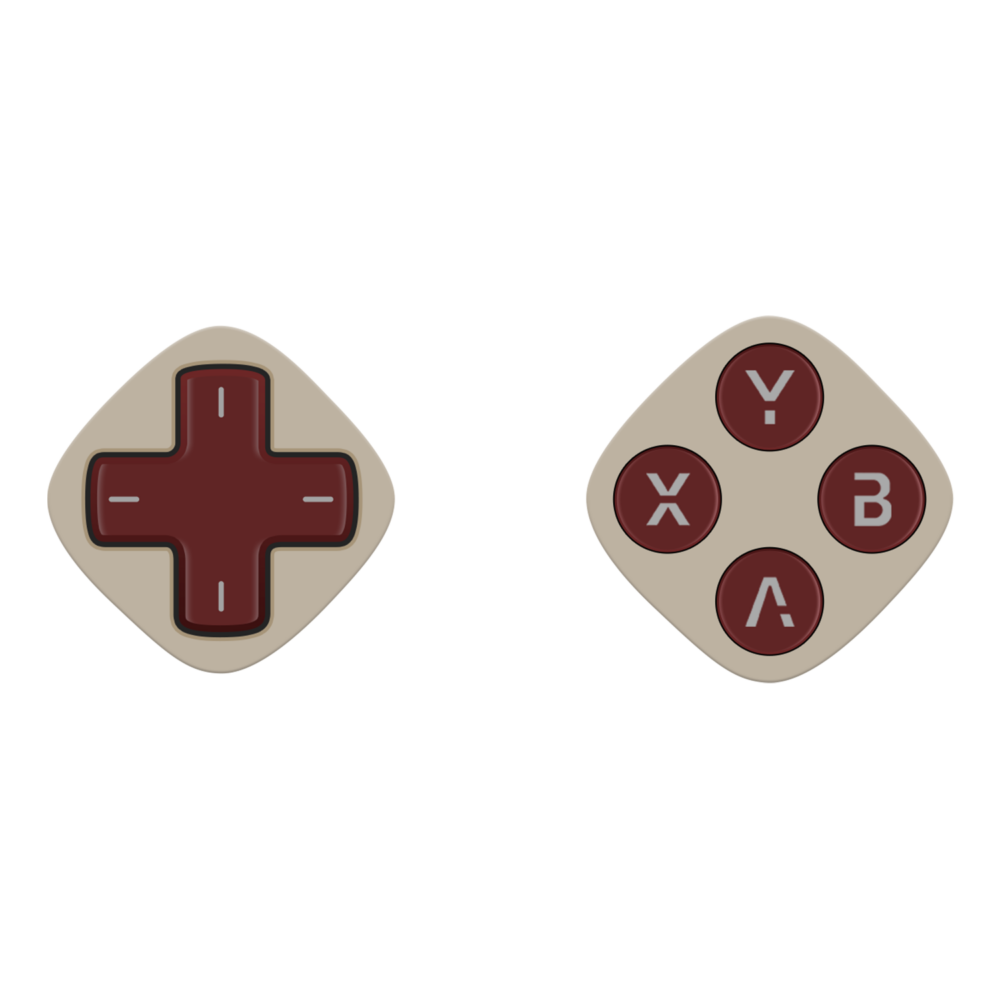 Zwei abgerundete, diamantförmige Gaming-Controller-Module im Retro-Stil, die nebeneinander angeordnet sind. Die Module haben ein klassisches hellbeiges Gehäuse mit dunkelrotfarbenen Komponenten. Das linke Modul verfügt über ein weinrotes D-Pad und das rechte Modul über vier weinrote Aktionstasten mit den Bezeichnungen Y, X, B und A in grauer Schrift.