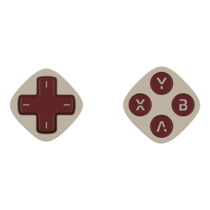 Two retro-styled, rounded diamond gaming controller modules side-by-side. The modules have a classic light beige housing with dark burgundy components. The left features a burgundy D-pad, and the right features four burgundy action buttons labeled Y, X, B, and A in grey text.