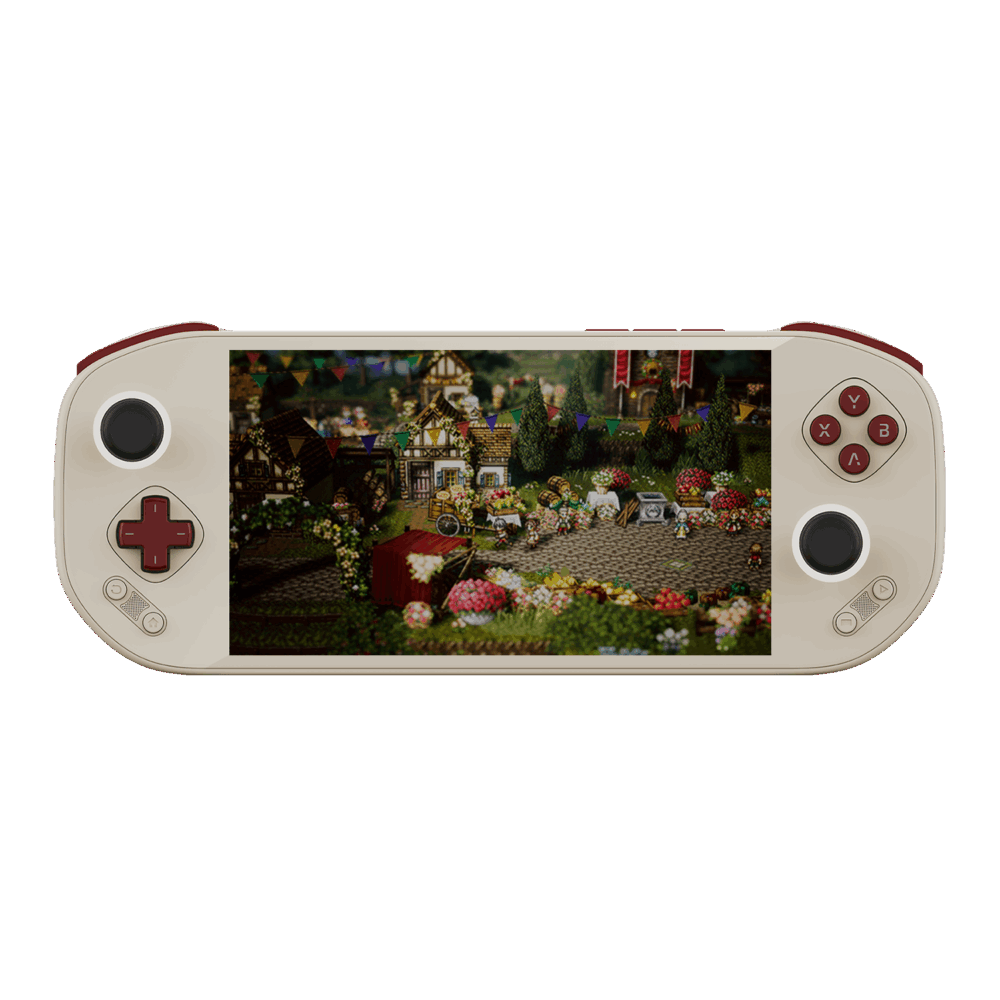 A retro Game Boy-inspired edition of the Mangmi Pocket Max handheld console, featuring a cream-colored body set against a black background. The layout and pixel-art village screen are identical to the black model, but this version features dark maroon accents on the D-pad, face buttons, and top shoulder bumpers. The dual analog sticks are black with white outer rims.