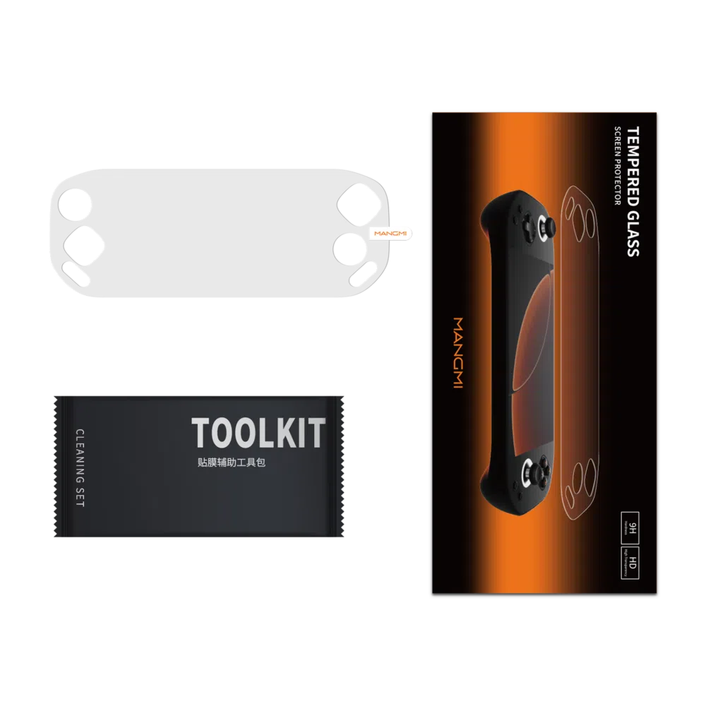 Transparenter, vollflächiger Bildschirmschutz mit individuellen Aussparungen, der über einer schwarzen MANGMI Pocket Max Handheld-Konsole schwebt.