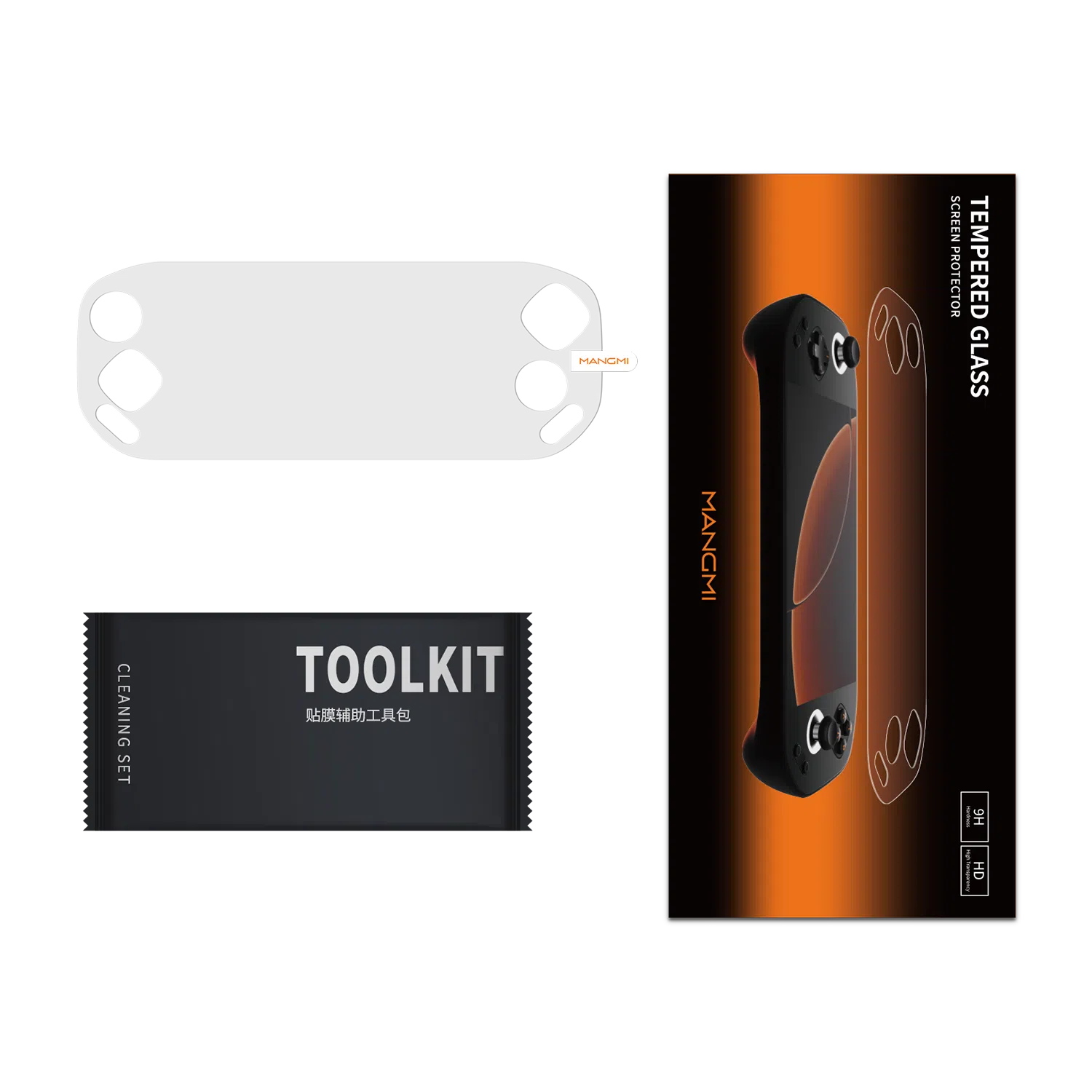 Clear full-coverage screen protector with custom cutouts hovering over a black MANGMI Pocket Max handheld console.