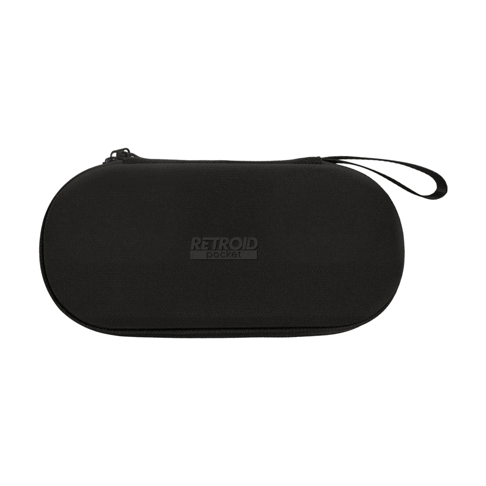 Matte black Retroid Pocket protective carrying case with an embossed logo in the center and an attached wrist strap, isolated on a black background.