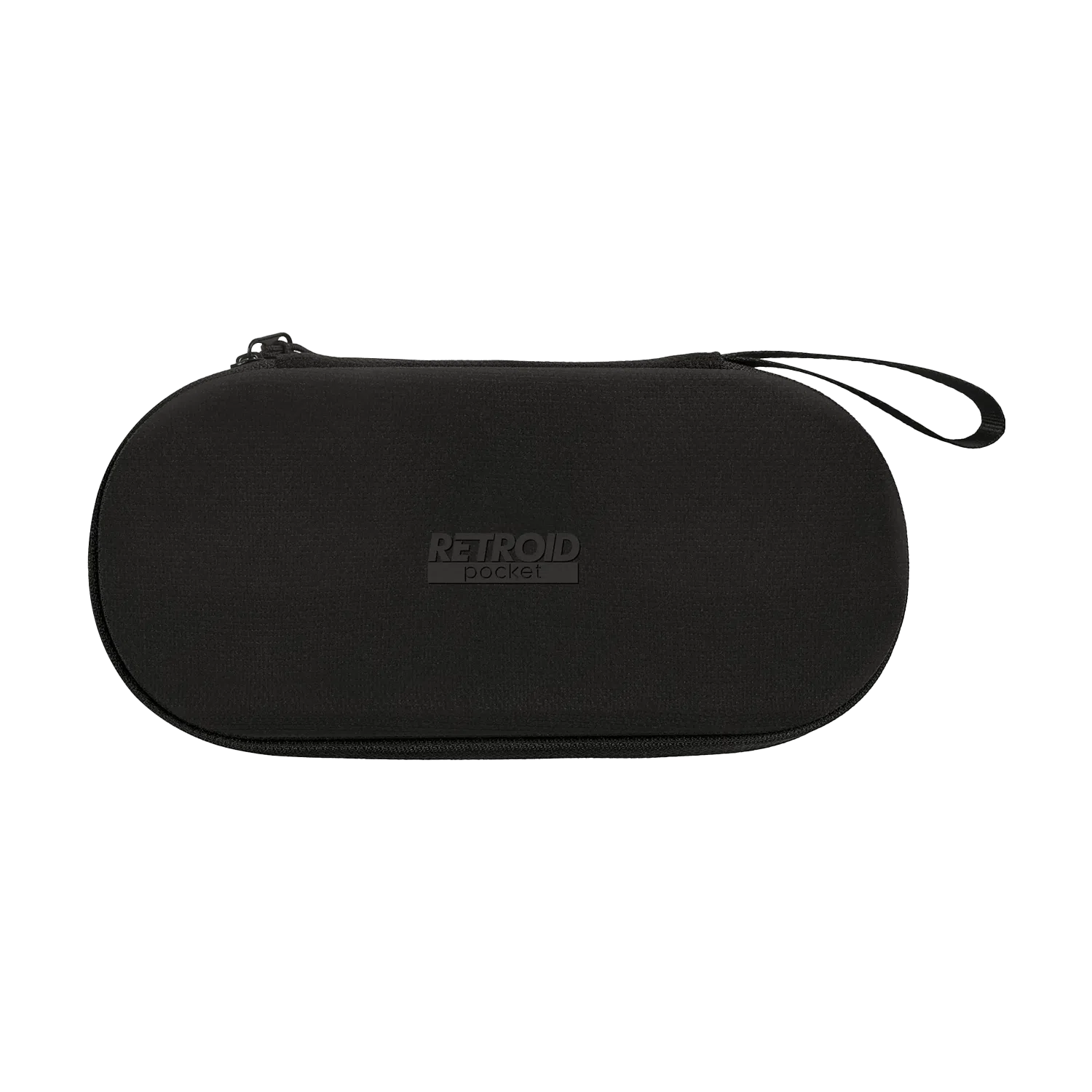 Matte black Retroid Pocket protective carrying case with an embossed logo in the center and an attached wrist strap, isolated on a black background.