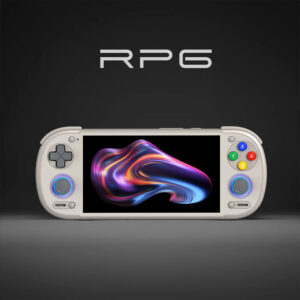 Front view of the Retroid Pocket 6 handheld console centered under a sleek, silver "RP6" logo on a dark gray gradient background. The device is in a 16-bit retro cream colorway with a vibrant, flowing multi-colored abstract digital wave displayed on its screen, and customizable blue LED light rings glowing around both thumbsticks.