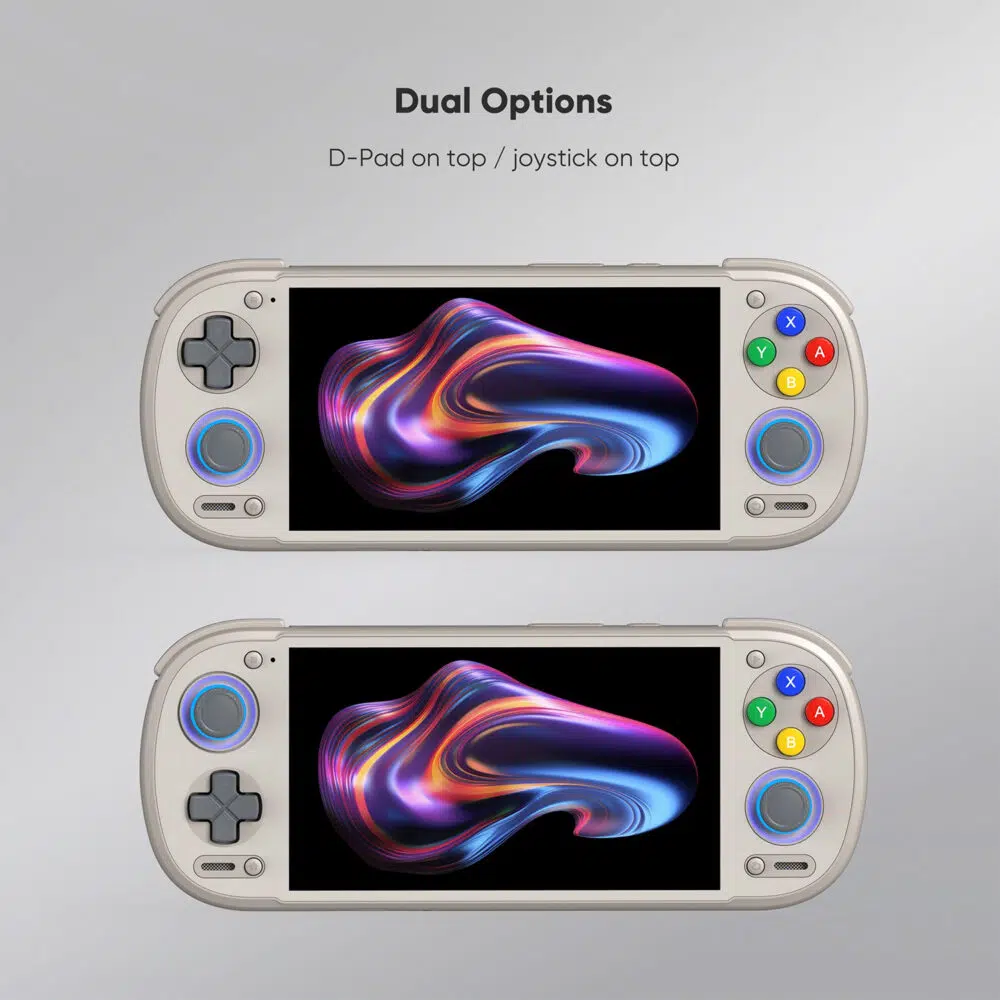 An e-commerce infographic highlighting the screen specifications of the Retroid Pocket 6 console, which is shown resting on a clean white geometric surface. Above the device, eight specification cards list features including a 5.5-inch size, 120Hz refresh rate, 1920 by 1080 resolution, 550 nits peak brightness, 100,000 to 1 contrast ratio, 150 percent sRGB color gamut, 16 to 9 aspect ratio, and an AMOLED panel.