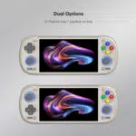 An e-commerce infographic highlighting the screen specifications of the Retroid Pocket 6 console, which is shown resting on a clean white geometric surface. Above the device, eight specification cards list features including a 5.5-inch size, 120Hz refresh rate, 1920 by 1080 resolution, 550 nits peak brightness, 100,000 to 1 contrast ratio, 150 percent sRGB color gamut, 16 to 9 aspect ratio, and an AMOLED panel.