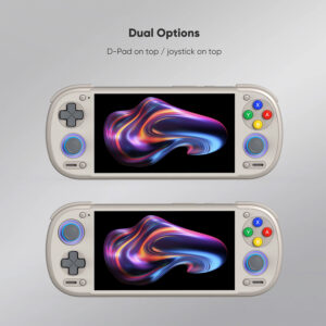 An e-commerce infographic highlighting the screen specifications of the Retroid Pocket 6 console, which is shown resting on a clean white geometric surface. Above the device, eight specification cards list features including a 5.5-inch size, 120Hz refresh rate, 1920 by 1080 resolution, 550 nits peak brightness, 100,000 to 1 contrast ratio, 150 percent sRGB color gamut, 16 to 9 aspect ratio, and an AMOLED panel.
