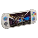 An angled studio product shot of the Retroid Pocket 6 handheld gaming console in a retro "16-bit" off-white colorway, isolated on a black background. The device features a gray D-pad and a gray analog stick on the left, and classic colored face buttons (Blue X, Red A, Green Y, Yellow B) above a right analog stick. Both analog sticks are illuminated by a glowing blue LED ring at the base. The wide screen displays a vibrant, action-heavy combat scene from the video game Persona 5.