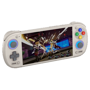 An angled studio product shot of the Retroid Pocket 6 handheld gaming console in a retro "16-bit" off-white colorway, isolated on a black background. The device features a gray D-pad and a gray analog stick on the left, and classic colored face buttons (Blue X, Red A, Green Y, Yellow B) above a right analog stick. Both analog sticks are illuminated by a glowing blue LED ring at the base. The wide screen displays a vibrant, action-heavy combat scene from the video game Persona 5.