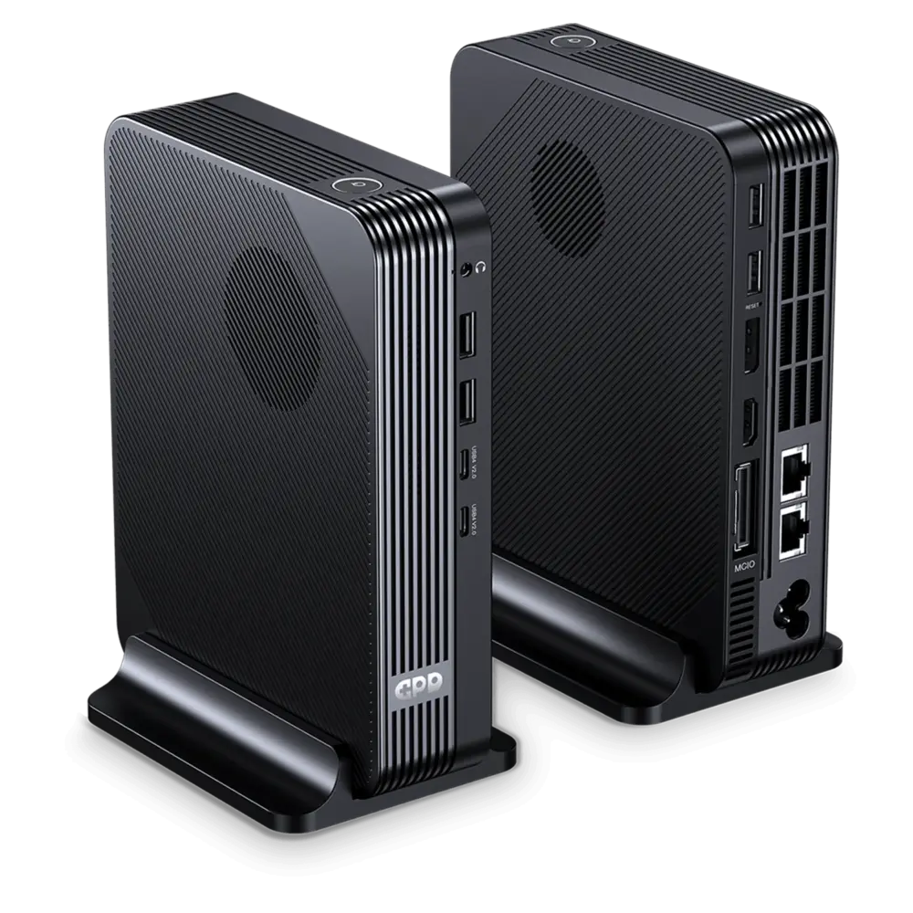 GPD-BOX-LISTING-DONE-01-c0e37a96-cb85-464b-b1d2-35093c28ed55-1.webp GPD BOX GPD Mini PC in matte black, two angled views on stands showing ribbed vents, front USB ports and rear I/O