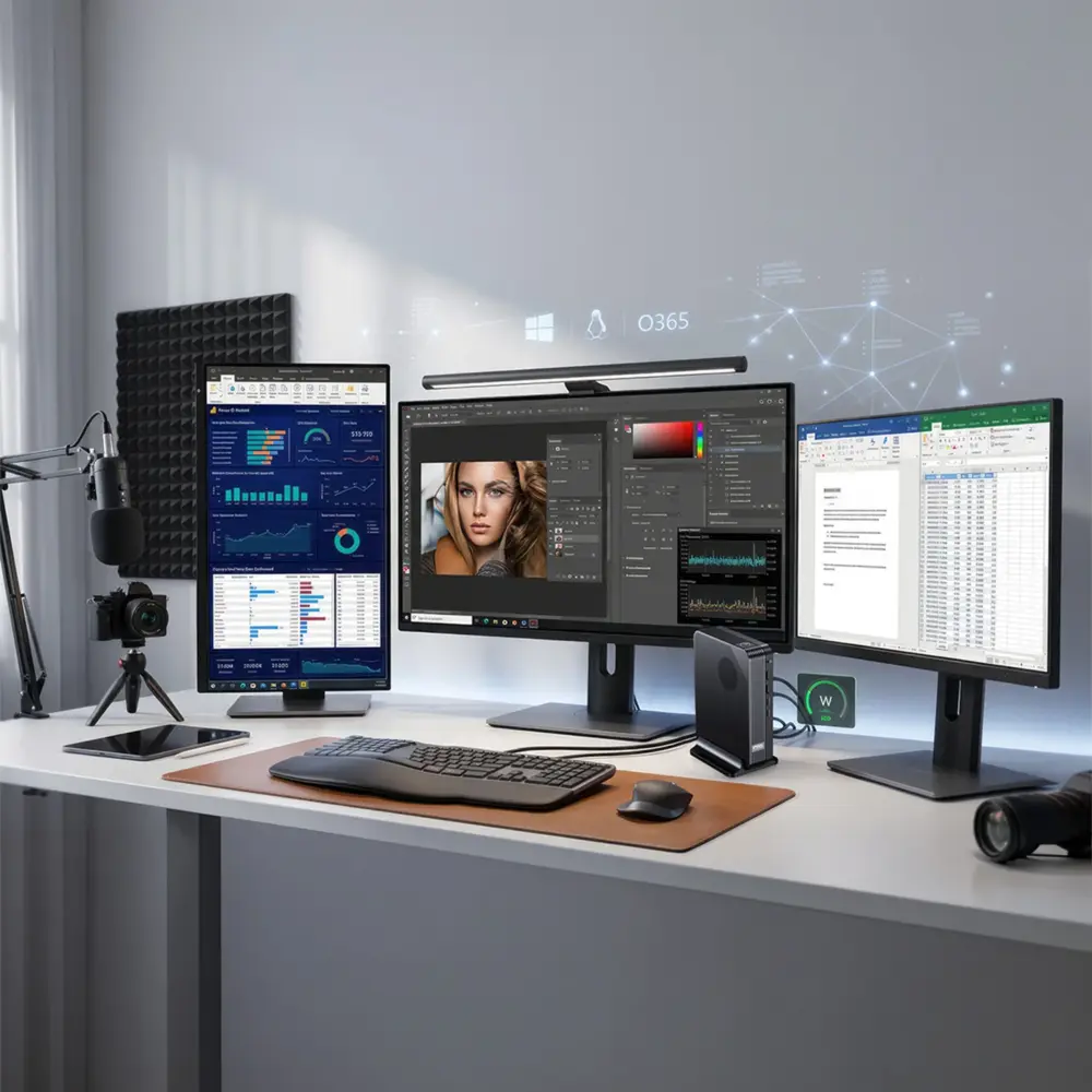 GPD BOX black ribbed mini PC on white desk powering triple monitors, shown front angle with keyboard and mouse
