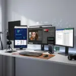 GPD BOX black ribbed mini PC on white desk powering triple monitors, shown front angle with keyboard and mouse