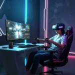 Front-left view of GPD BOX mini PC on desk, black textured case beside monitor and VR gamer in neon room