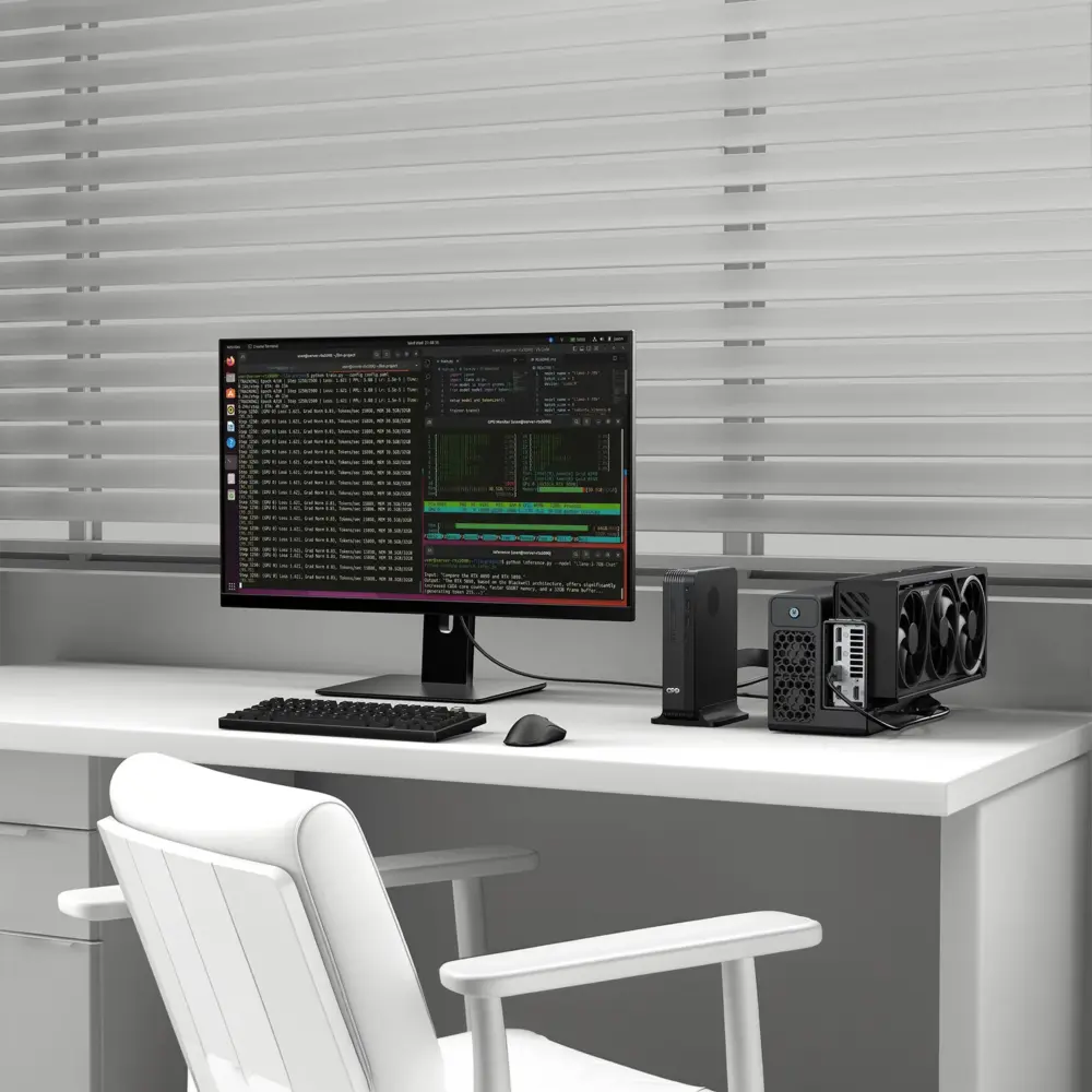 Matte black GPD Box GPD Mini PC on white desk, front-angled beside code monitor and triple-fan eGPU