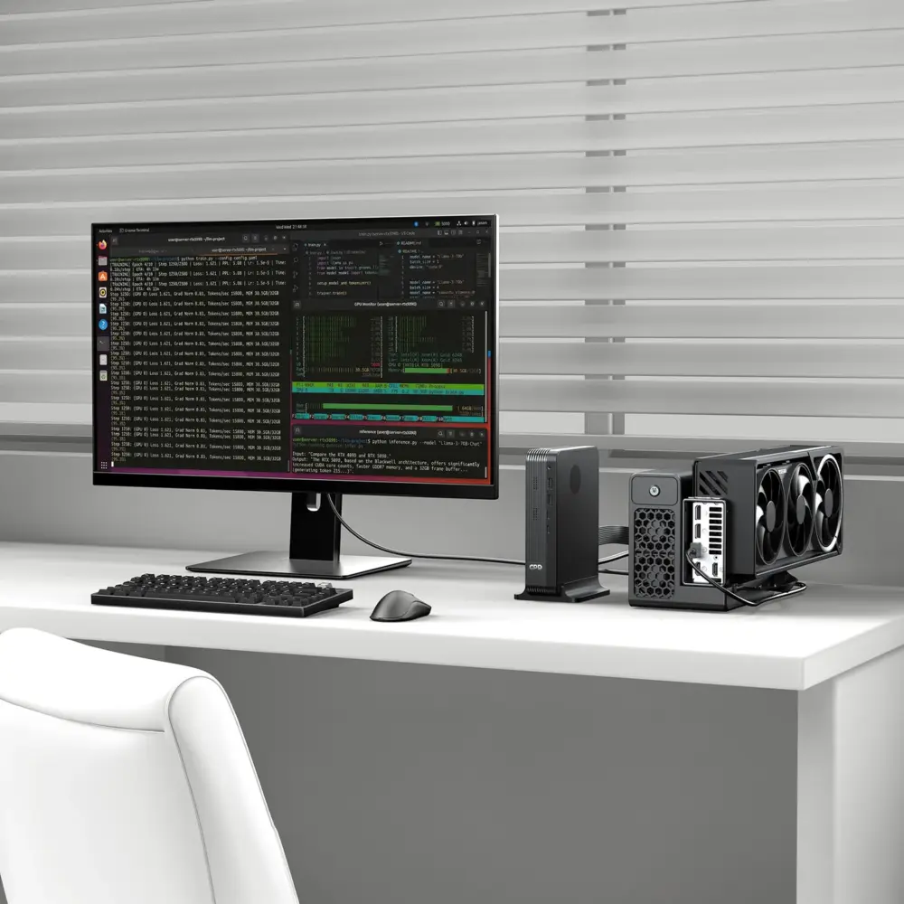Front angled view of matte black GPD BOX GPD Mini PC with PCIe eGPU, triple-fan GPU and code monitor on white desk