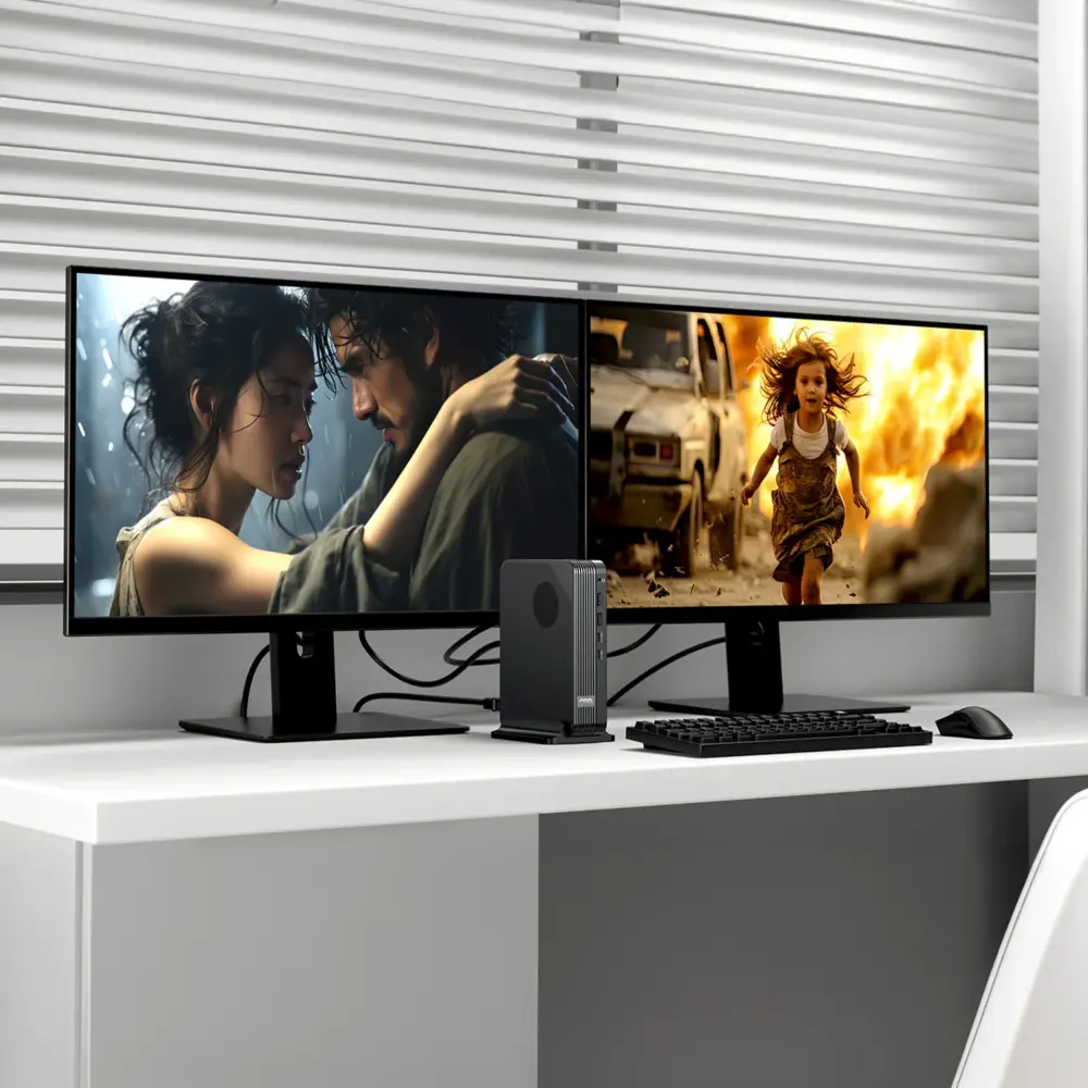 Front view of black textured GPD BOX Mini PC on stand between dual monitors, keyboard and mouse on white desk
