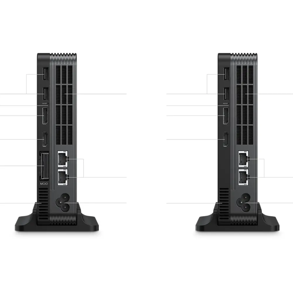 GPD Box black mini PC rear view pair on stands, showing ribbed vents, USB, HDMI, dual LAN and MCIO ports