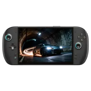 ONEXPLAYER 3 matte black handheld gaming PC front view, cyan-lit sticks, racing car in tunnel on screen