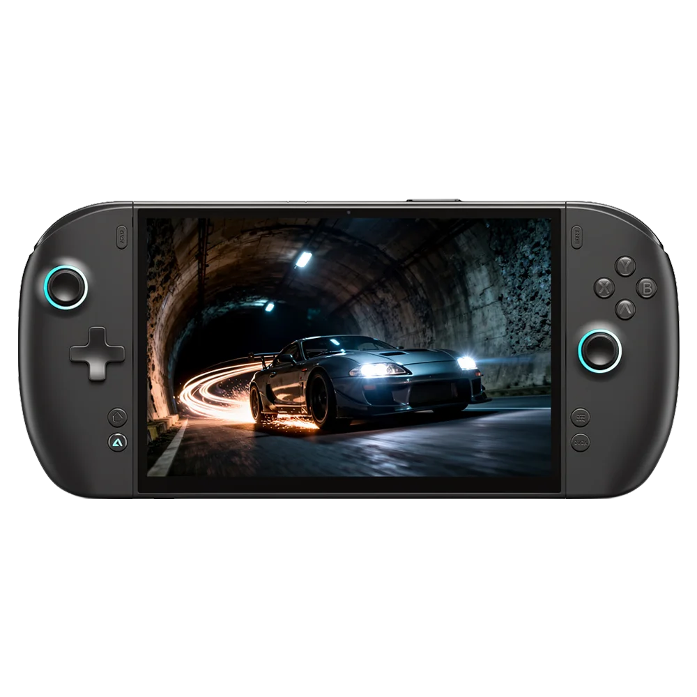 ONEPXLAYER-3-LISTING-IMAGE-DONE-1-3b4c8591-0429-4f72-b9a9-da9d61dfe655.webp ONEXPLAYER 3 matte black handheld gaming PC front view, cyan-lit sticks, racing car in tunnel on screen