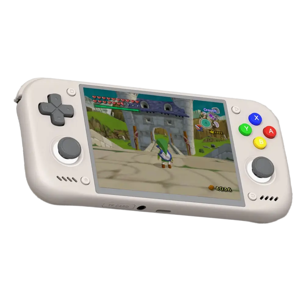 RETROID-POCKET-NOVA-16-BIT-LISTING-DONE-01-79aa078e-5106-433e-8dec-3dae0b236a8c.webp Retroid Pocket Nova smooth white Android handheld angled front, gray sticks and colorful buttons, gameplay on screen