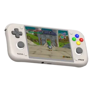 Retroid Pocket Nova 16Bit handheld console angled, cream shell, grey sticks, colorful buttons, game on screen