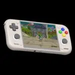 RETROID Pocket Nova 16Bit handheld gaming console angled, cream shell, grey sticks, colorful buttons, game screen