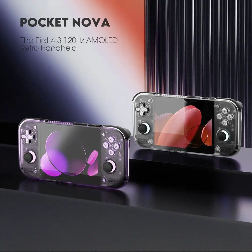 Two Retroid Pocket Nova AMOLED handhelds in translucent purple and grey, angled on dark plinths with glowing screens