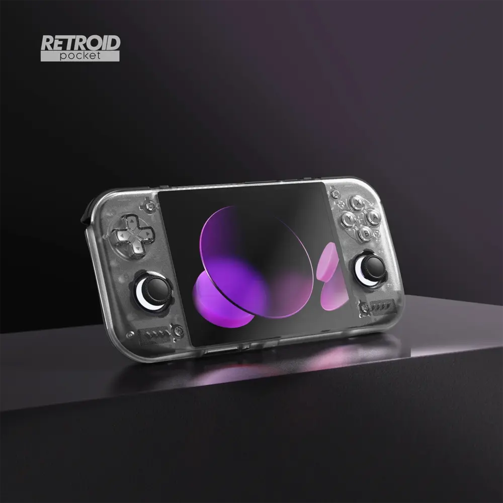 Retroid Pocket Nova retro gaming handheld in smoky translucent grey, angled on black stand with purple AMOLED screen