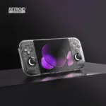 Retroid Pocket Nova retro gaming handheld in smoky translucent grey, angled on black stand with purple AMOLED screen