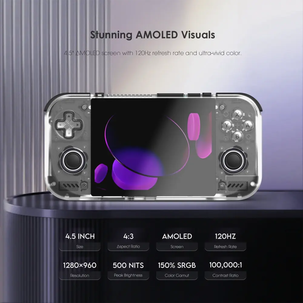Retroid Pocket Nova front view, translucent gray Android handheld with vivid purple AMOLED screen and controls