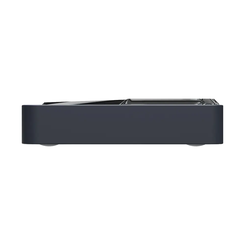 RockTek G2 Next Google TV box side view in matte dark gray with rounded edges and glossy black top panel