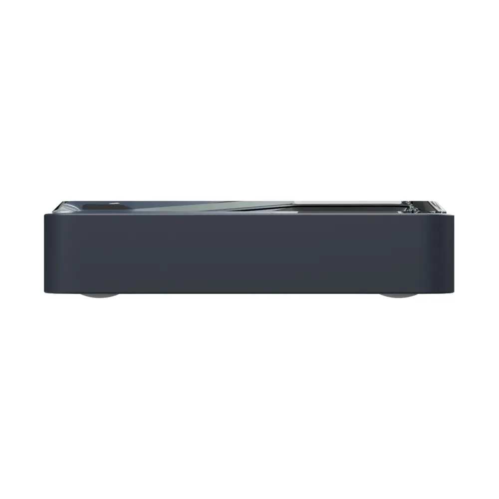 RockTek G2 Next Google TV box in low side view, dark matte rectangular body with glossy top and rounded feet