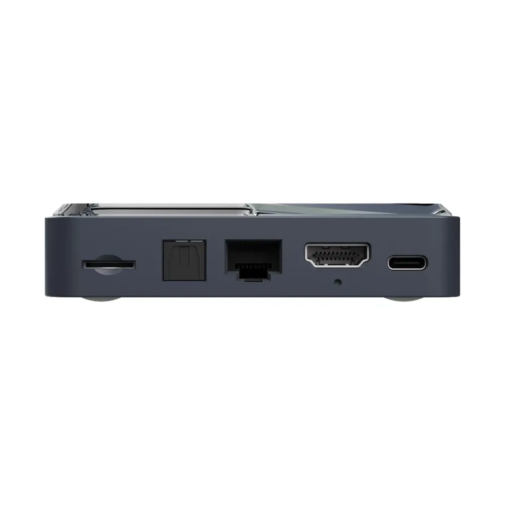 RockTek G2 Next Google TV box straight rear view, matte dark gray with glossy top, HDMI, Ethernet and USB-C ports