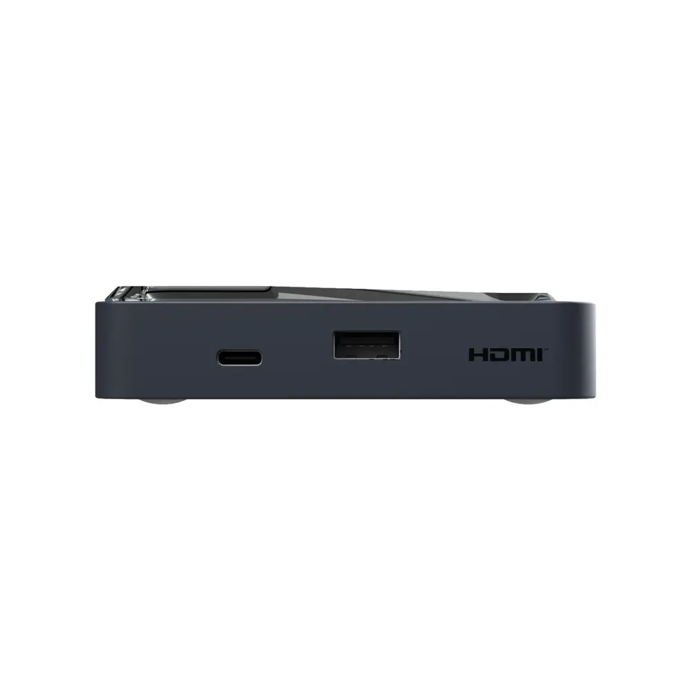 RockTek G2 Next 4K Android TV box front view in dark gray, with USB-C, USB-A ports and HDMI logo