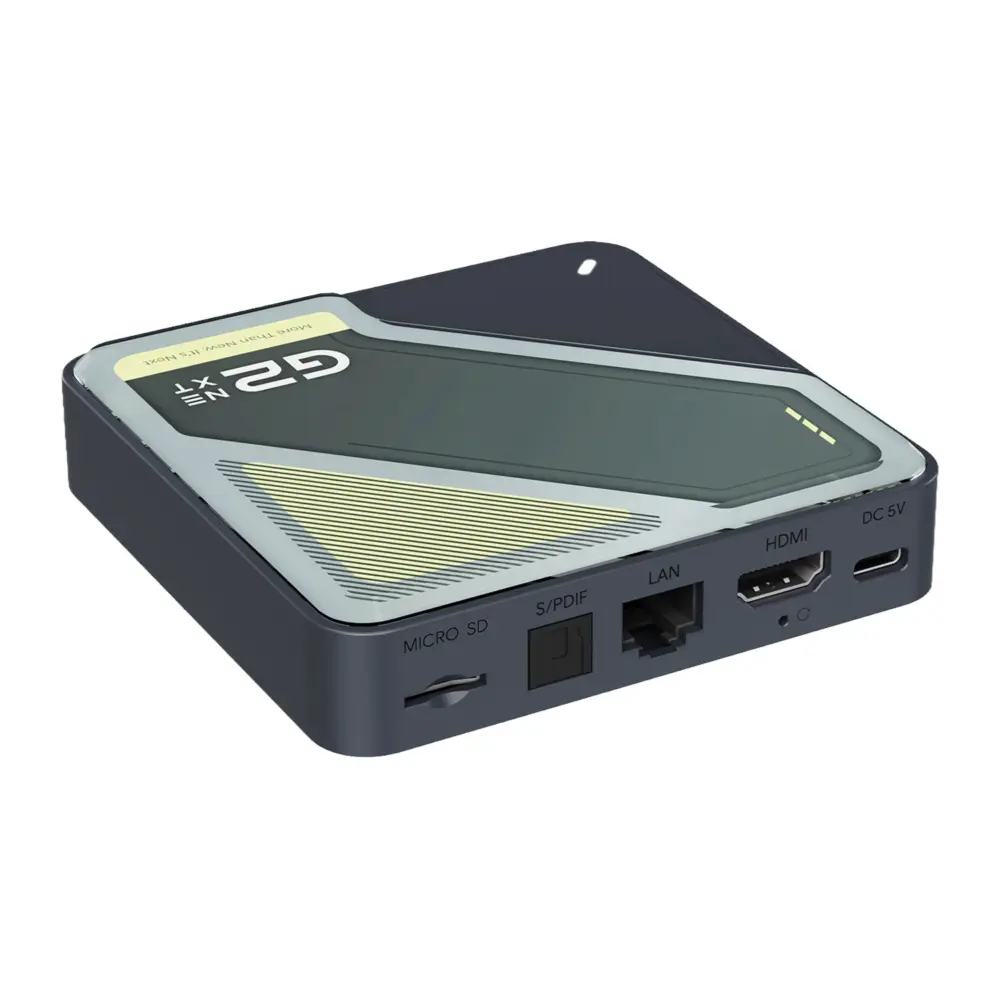 RockTek G2 Next Google TV box, angled dark grey matte media player with patterned top and HDMI, LAN ports