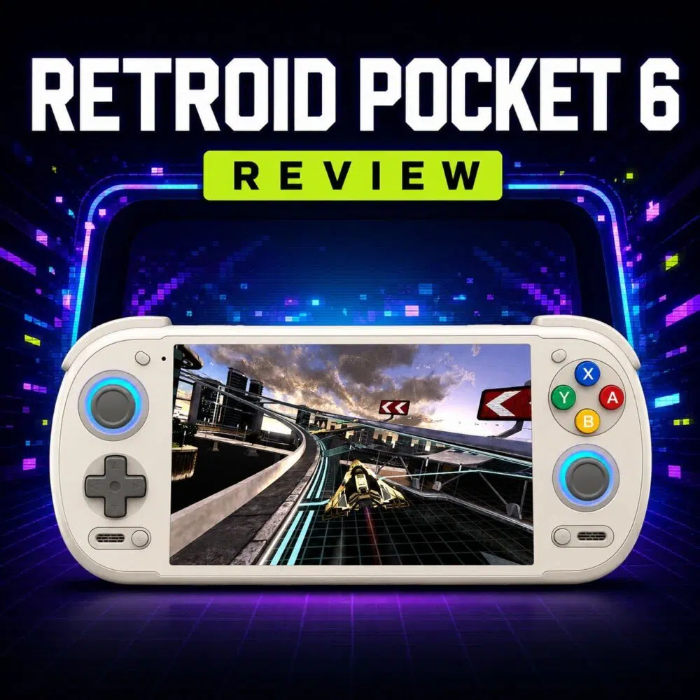 retroid-pocket-6-review-11-square Play Retroid Pocket 6 review video showing a cream handheld with a futuristic racing game.