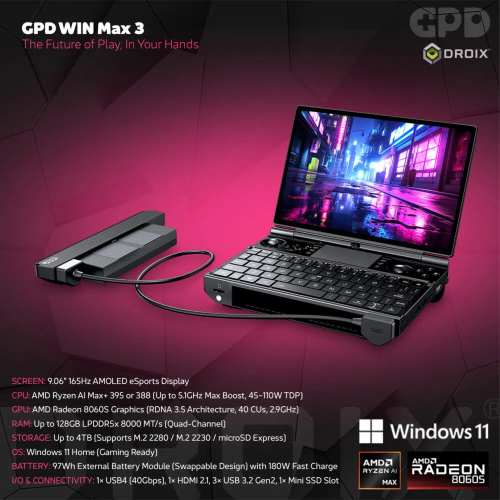 GPD WIN Max 3 handheld gaming PC promotional infographic — infographic 01